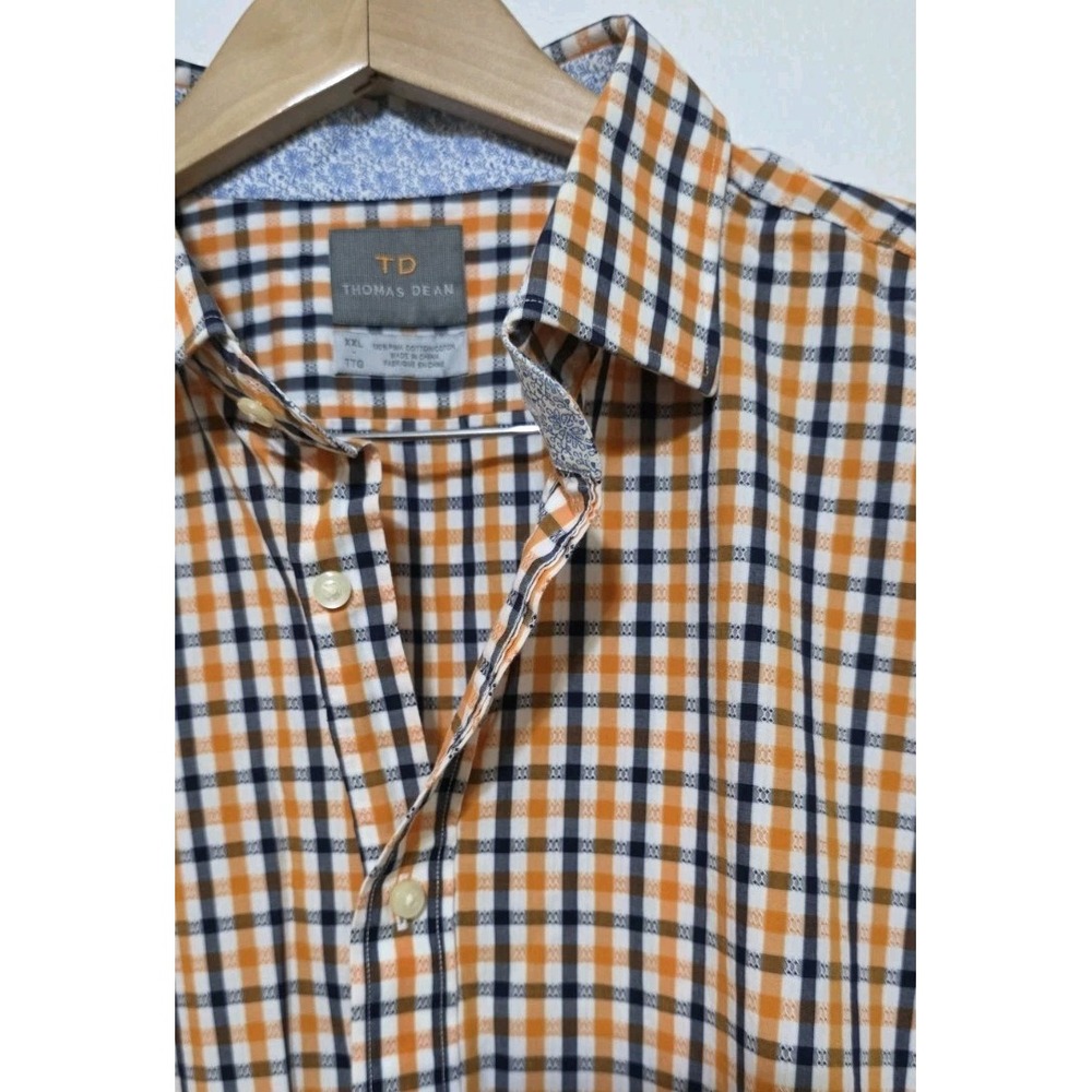 Thomas Dean Men Button Front Long Sleeve Cotton Plaid Shirt XXL Orange Print